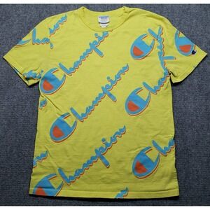 VTG Champion T-Shirt Mens M Yellow Blue Cotton All Over Print Crew Neck